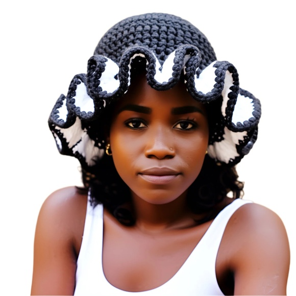 African Handmade Black & White Ruffle Hat - Picture 1 of 7